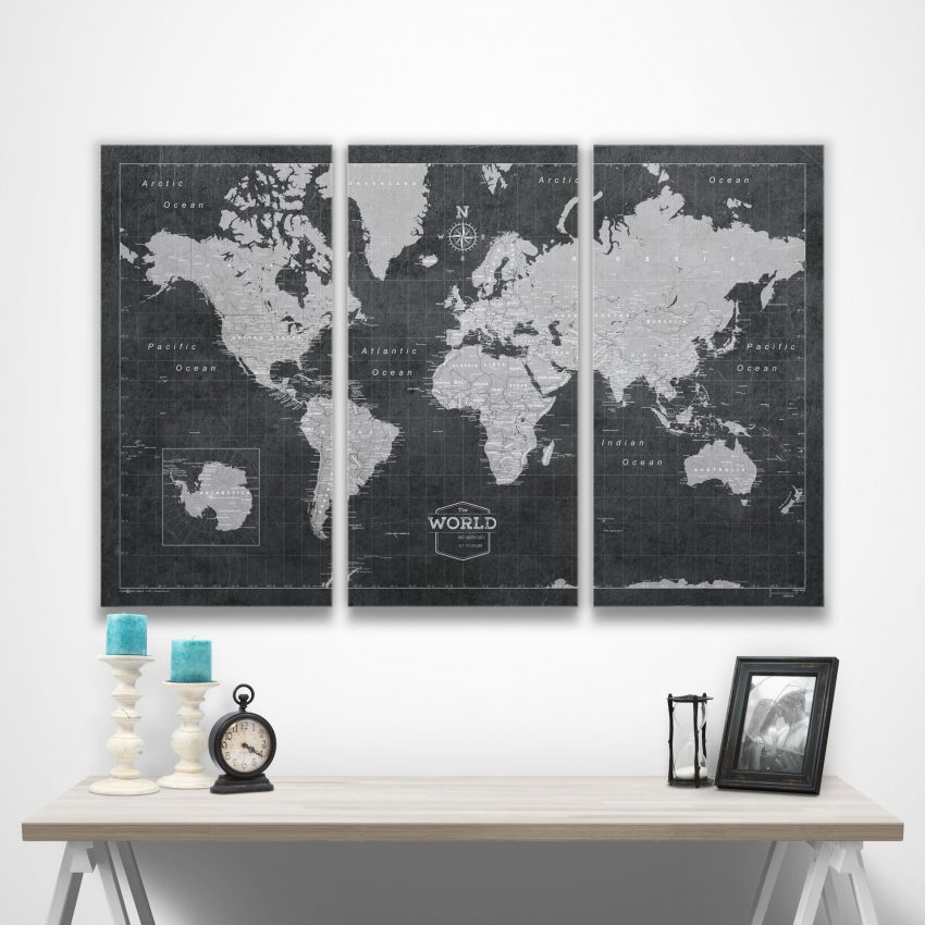 Modern Slate World Map Canvas 48x32 2048x 2018 Holiday Gift Guide for the Traveler
