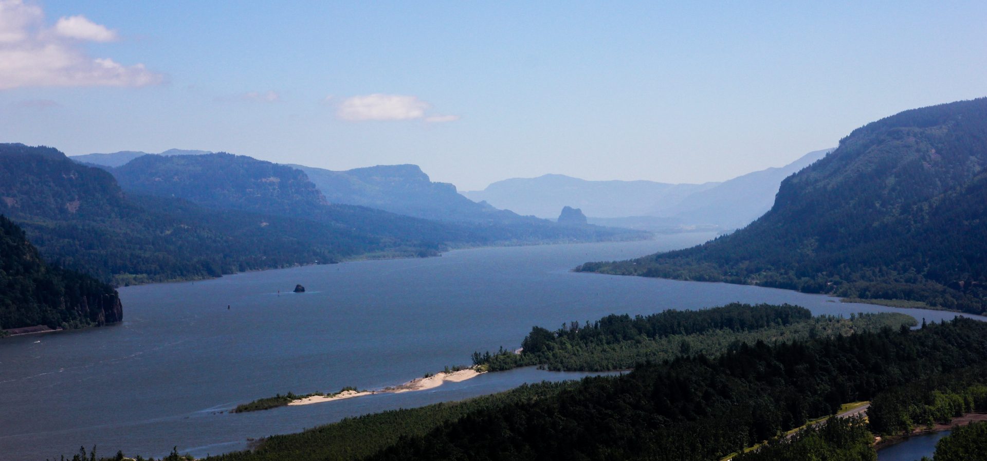 The view of the Columbia River Gorge from the Vista House in Corbett, Oregon