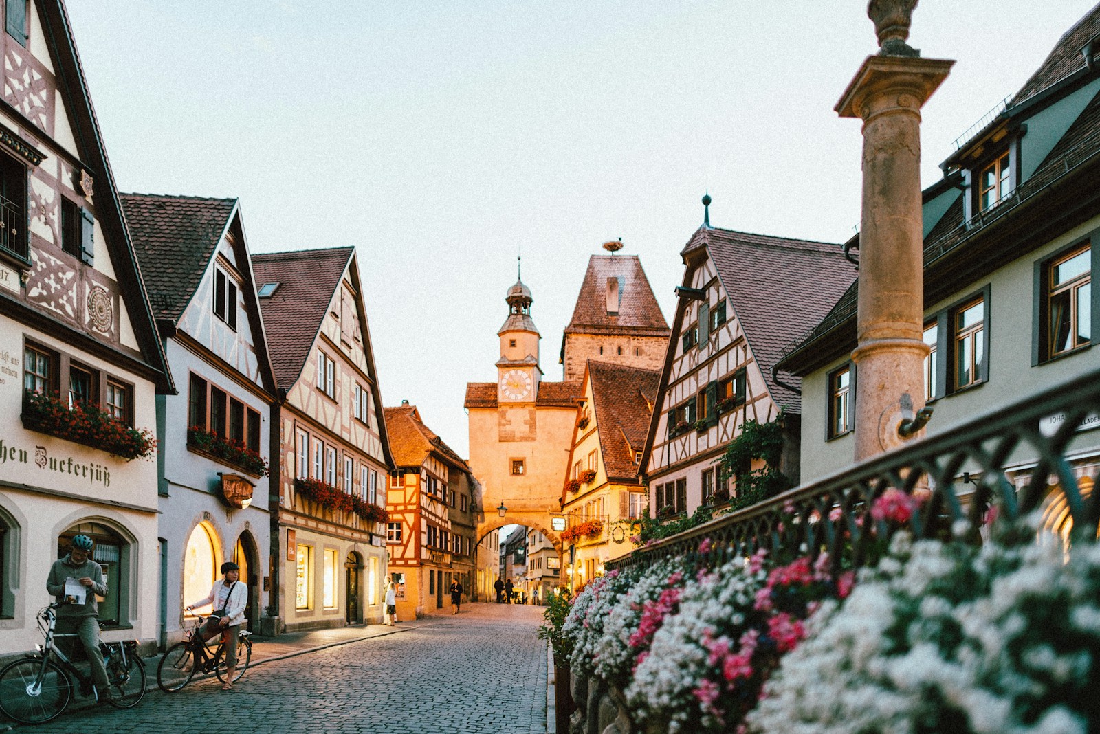white and pink petaled flowers on metal fence near concrete houses and tower at daytime Germany