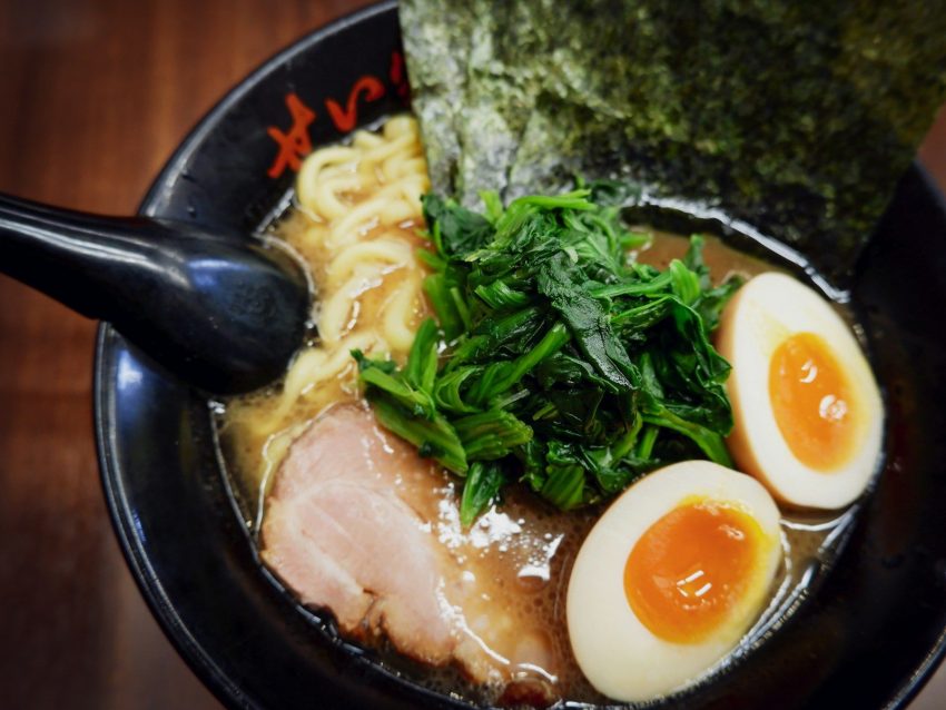 egg and vegetable dish on black ceramic bowl, Japanese Food Tokyo
