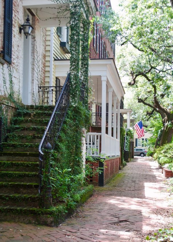 green and brown wooden staircase, Savannah, Georgia