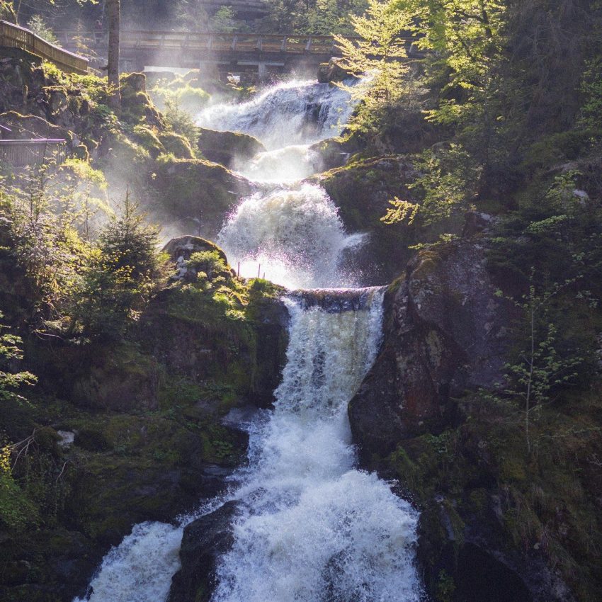 Beautiful waterfall cascading through a lush green forest. Triberg, Germany