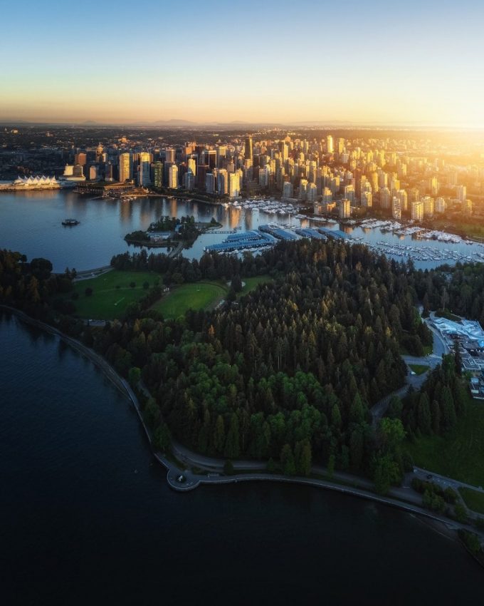 an aerial view of a city and a body of water, Vancouver, Canada